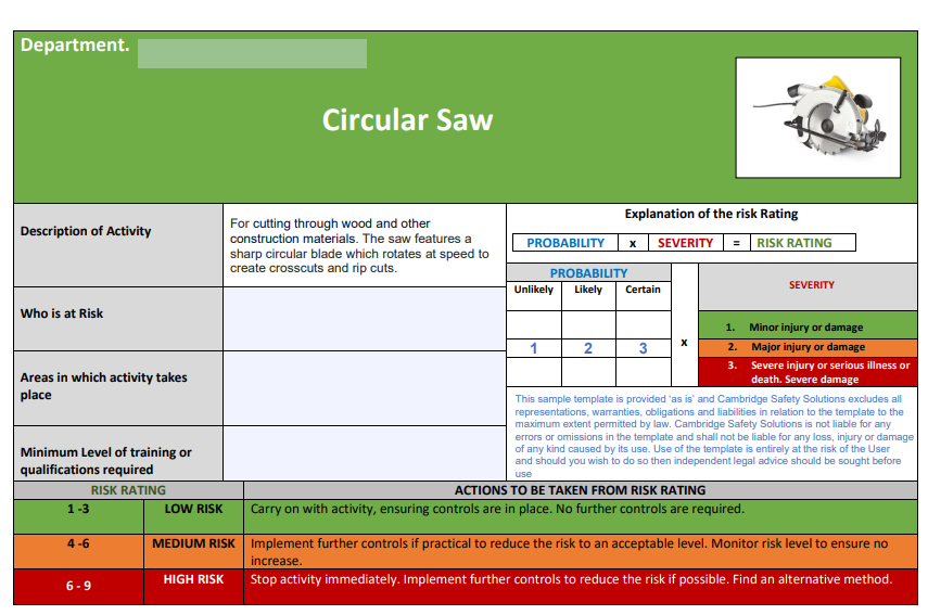 Circular Saw (Handheld) - Risk Assessment